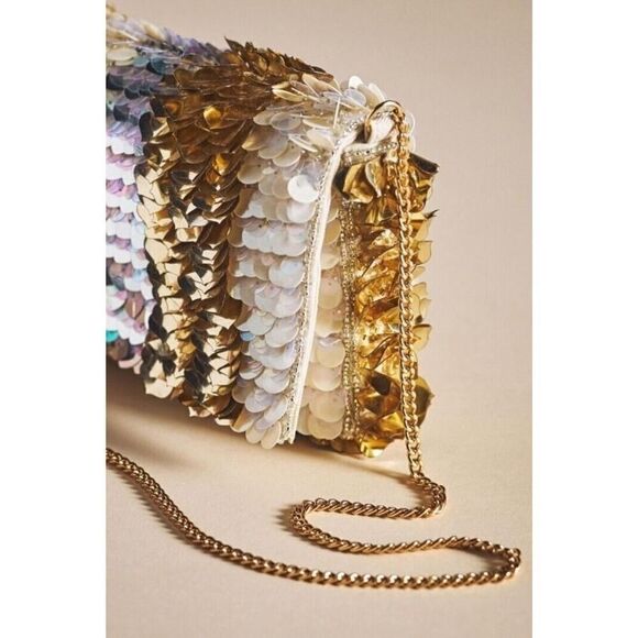 Anthropologie Sequined Crossbody Clutch, Neutral Colorway, Gold Chain | OS NWT - Picture 2 of 11